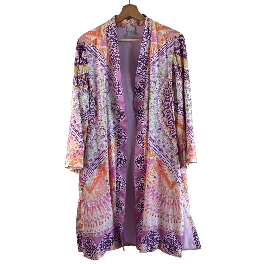 Chico's Kimono Duster Purple Orange Medallion Women Size 2 Large XL Open Front